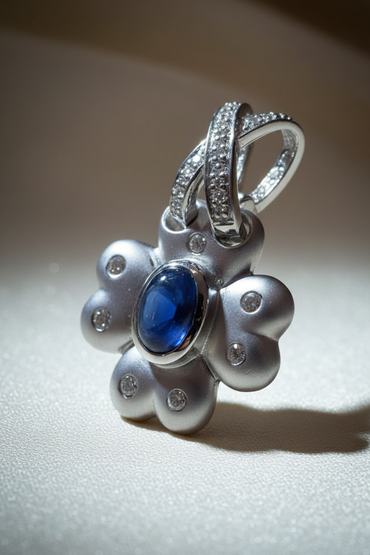 14K white gold blue sapphire and diamond flower pendant, three-quarter angle