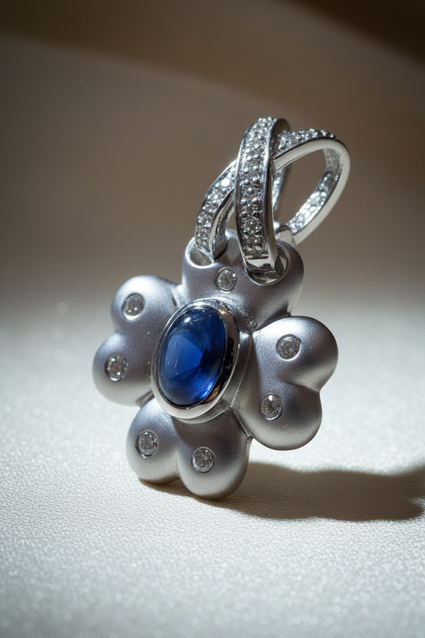 14K white gold blue sapphire and diamond flower pendant, three-quarter angle