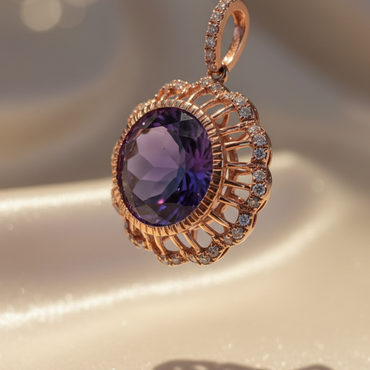 14K Rose Gold Amethyst & Diamond Filigree Pendant - three-quarter view
