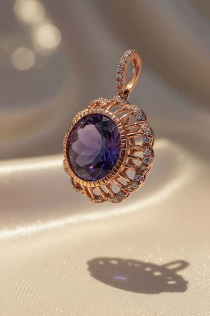 14K Rose Gold Amethyst & Diamond Filigree Pendant - three-quarter view
