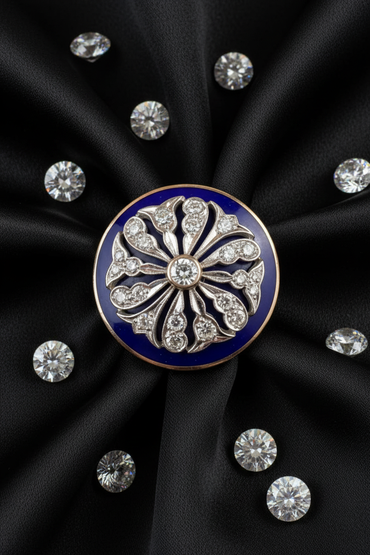 Victorian 14K Yellow Gold Blue Enamel Diamond Medallion Ring - Top View