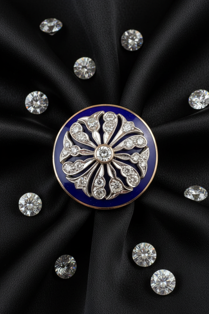 Victorian 14K Yellow Gold Blue Enamel Diamond Medallion Ring - Top View