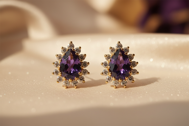14K Yellow Gold Pear Amethyst & Diamond Halo Earrings - editorial front