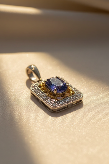18K White Gold Tanzanite & Diamond Rectangular Halo Pendant - Angle View