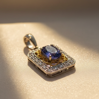 18K White Gold Tanzanite & Diamond Rectangular Halo Pendant - Angle View