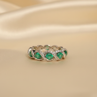 14K White Gold Emerald & Diamond Five-Stone Serpentine Ring - editorial side profile