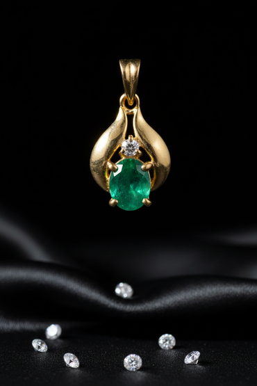 14K White Gold Oval Emerald Diamond Pendant - Front Close-Up