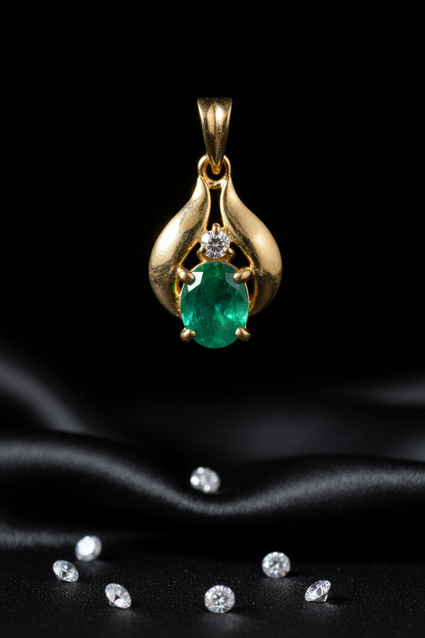 14K White Gold Oval Emerald Diamond Pendant - Front Close-Up