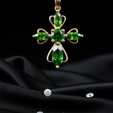 14K Yellow Gold Chrome Diopside Cross Pendant - Full View