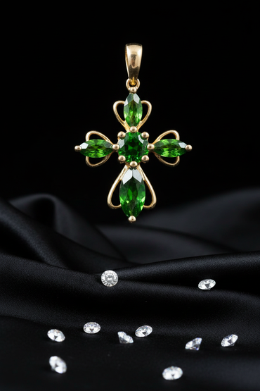 14K Yellow Gold Chrome Diopside Cross Pendant - Full View
