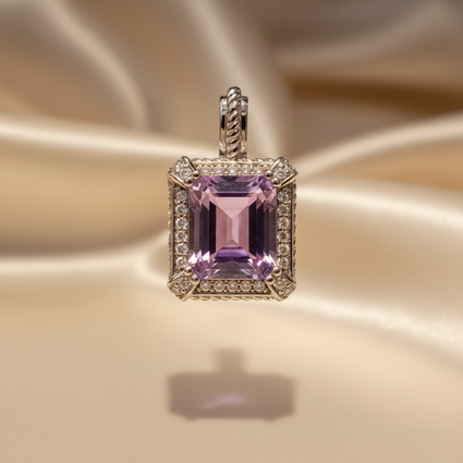 14K White Gold Emerald-Cut Amethyst & Diamond Halo Pendant - Front View