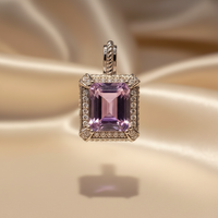 14K White Gold Emerald-Cut Amethyst & Diamond Halo Pendant - Front View