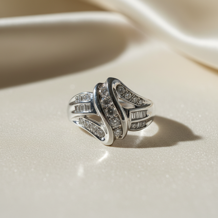 10K White Gold Diamond Bypass Wave Ring - top view