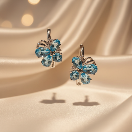 14K White Gold Blue Topaz Butterfly Earrings - Front View