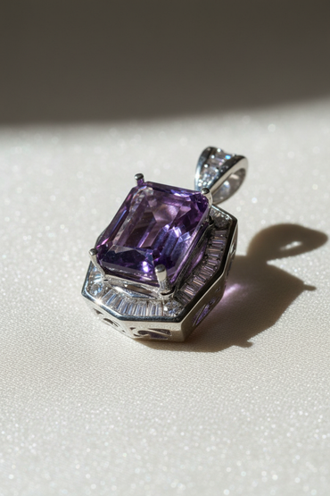 14K White Gold Emerald-Cut Amethyst and Diamond Halo Pendant - front view on cream satin