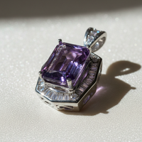 14K White Gold Emerald-Cut Amethyst and Diamond Halo Pendant - front view on cream satin