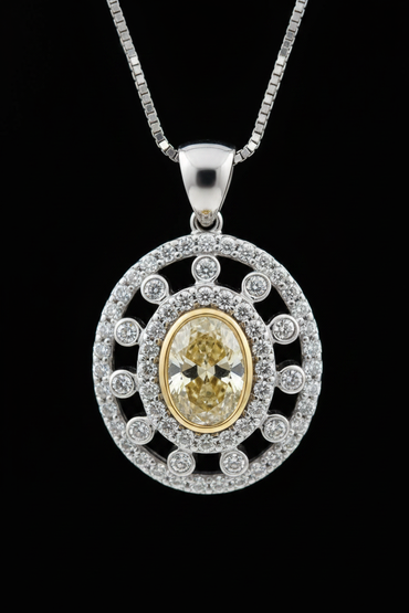 14K White Gold Fancy Yellow Diamond Oval Halo Pendant - Front Close-Up