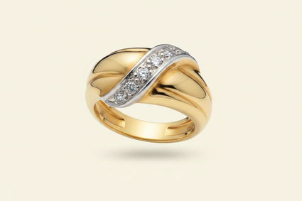 14K yellow gold triple band diamond crossover ring floating on ivory backdrop luxury editorial marketing image