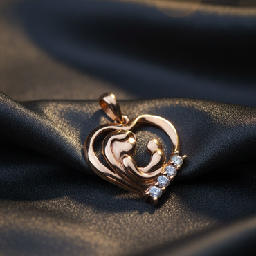 10K Rose Gold Diamond Mother and Baby Heart Pendant – Three-Quarter Angle