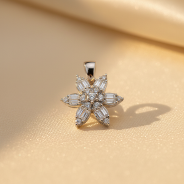 10K white gold diamond flower pendant with marquise and baguette diamond petals and round brilliant diamond center cluster