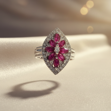 14K White Gold Marquise Ruby Flower & Diamond Halo Ring - Angle View