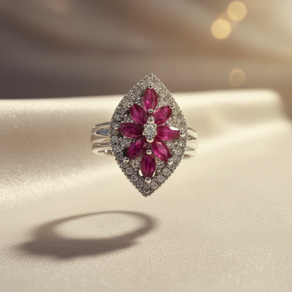 14K White Gold Marquise Ruby Flower & Diamond Halo Ring - Angle View