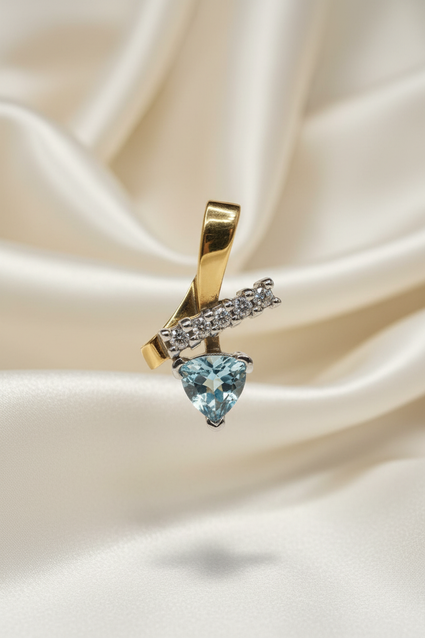 14K Two-Tone Gold Trillion Aquamarine & Diamond Pendant – Front View