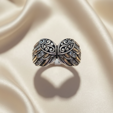 Sterling Silver Angel Wing CZ Ring — top-down wing spread view