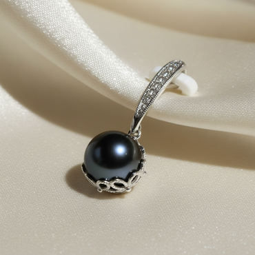 14K White Gold Black Pearl White Topaz Pendant - three quarter editorial
