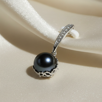 14K White Gold Black Pearl White Topaz Pendant - three quarter editorial