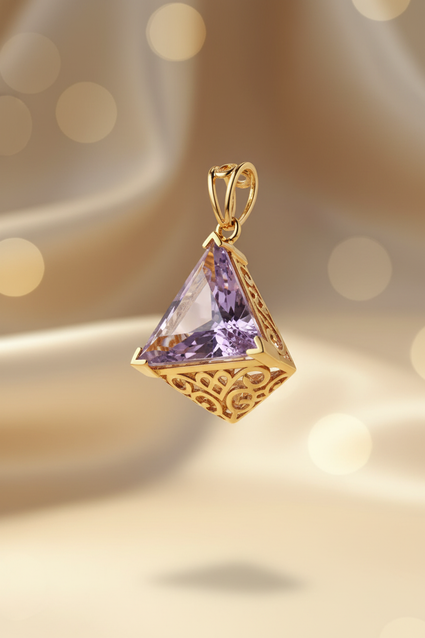 10K yellow gold 9x9mm trillion-cut amethyst filigree solitaire pendant, front view