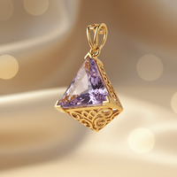 10K yellow gold 9x9mm trillion-cut amethyst filigree solitaire pendant, front view