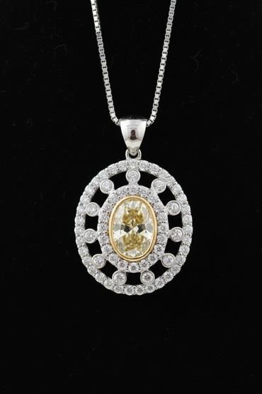 14K White Gold Fancy Yellow Diamond Oval Halo Pendant - Full View