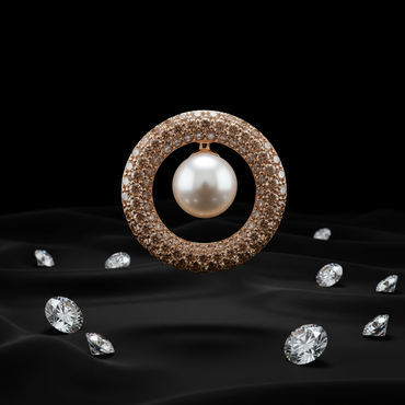 Rose gold freshwater pearl champagne diamond circle halo pendant - front view