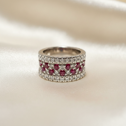 14K White Gold Ruby Diamond Wide Band Ring - stone detail macro editorial