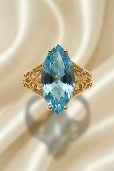 14K Yellow Gold Marquise Blue Topaz Filigree Ring – Front View