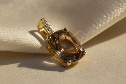 10K Yellow Gold Cushion Smoky Quartz and Diamond Pendant - three quarter view
