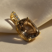 10K Yellow Gold Cushion Smoky Quartz and Diamond Pendant - three quarter view