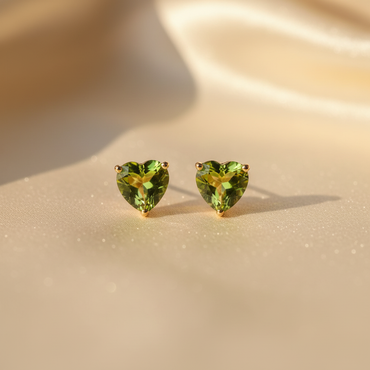 14K yellow gold heart peridot stud earrings 5mm - editorial marketing image 1