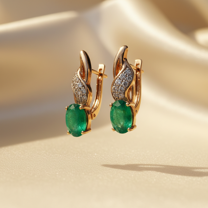 14K Yellow Gold Oval Emerald Drop Earrings with Diamond Pavé Wing - Three-Quarter View