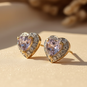 14K Yellow Gold Heart Amethyst & Diamond Earrings - editorial three-quarter