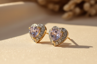 14K Yellow Gold Heart Amethyst & Diamond Earrings - editorial three-quarter