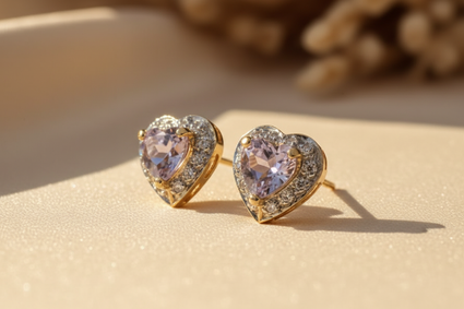 14K Yellow Gold Heart Amethyst & Diamond Earrings - editorial three-quarter