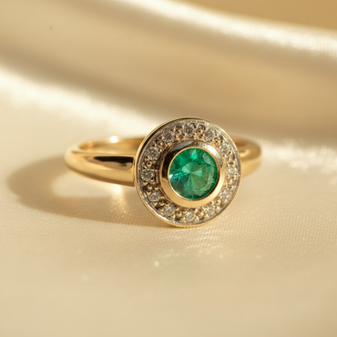 14K Yellow Gold Round Emerald & Diamond Halo Ring - editorial front elevated