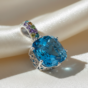 Sterling Silver Cushion Blue Topaz & Multi-Gemstone Pendant - Angle View