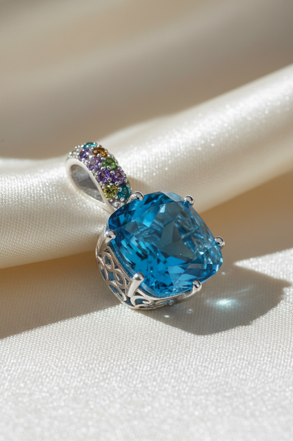 Sterling Silver Cushion Blue Topaz & Multi-Gemstone Pendant - Angle View