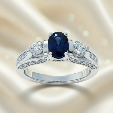 14K White Gold Blue Sapphire Diamond Three-Stone Channel Band Ring — Front View