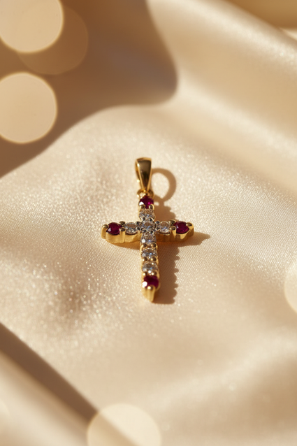 10K Yellow Gold Ruby and Diamond Cross Pendant - editorial 2:3