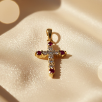 10K Yellow Gold Ruby and Diamond Cross Pendant - editorial 2:3