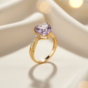 10K Yellow Gold Heart Amethyst Diamond Ring - Three-Quarter View